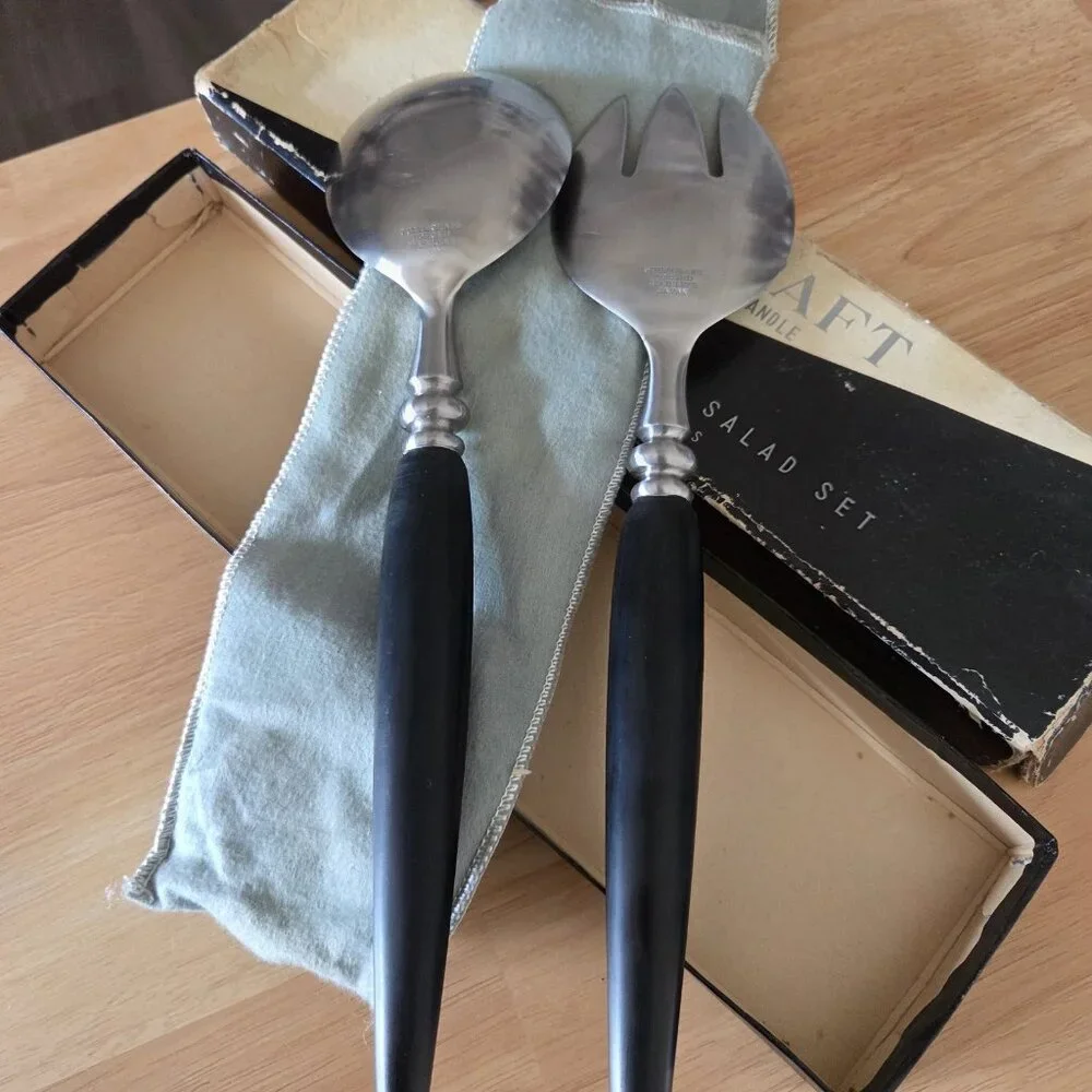 Guildcraft Stainless Rose Inlay Ebony Handles Hand Crafted Forged 2-PC Salad Set
